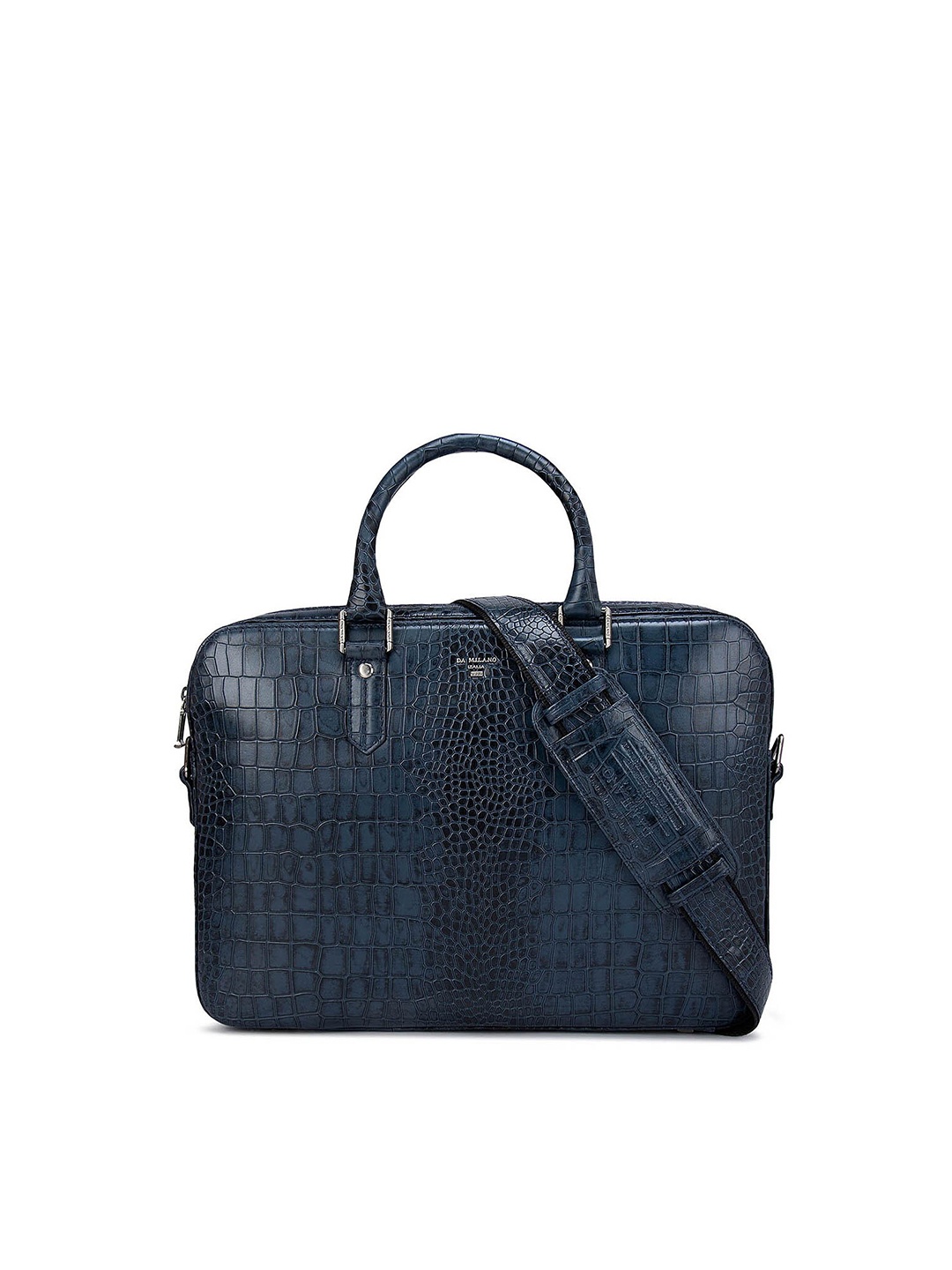 

Da Milano Men Blue & Silver-Toned Textured Leather Laptop Bag