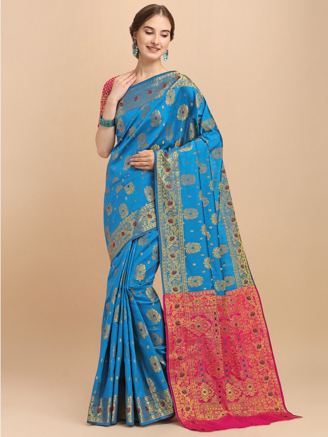 

VSaree Blue & Pink Woven Design Zari Silk Blend Banarasi Saree