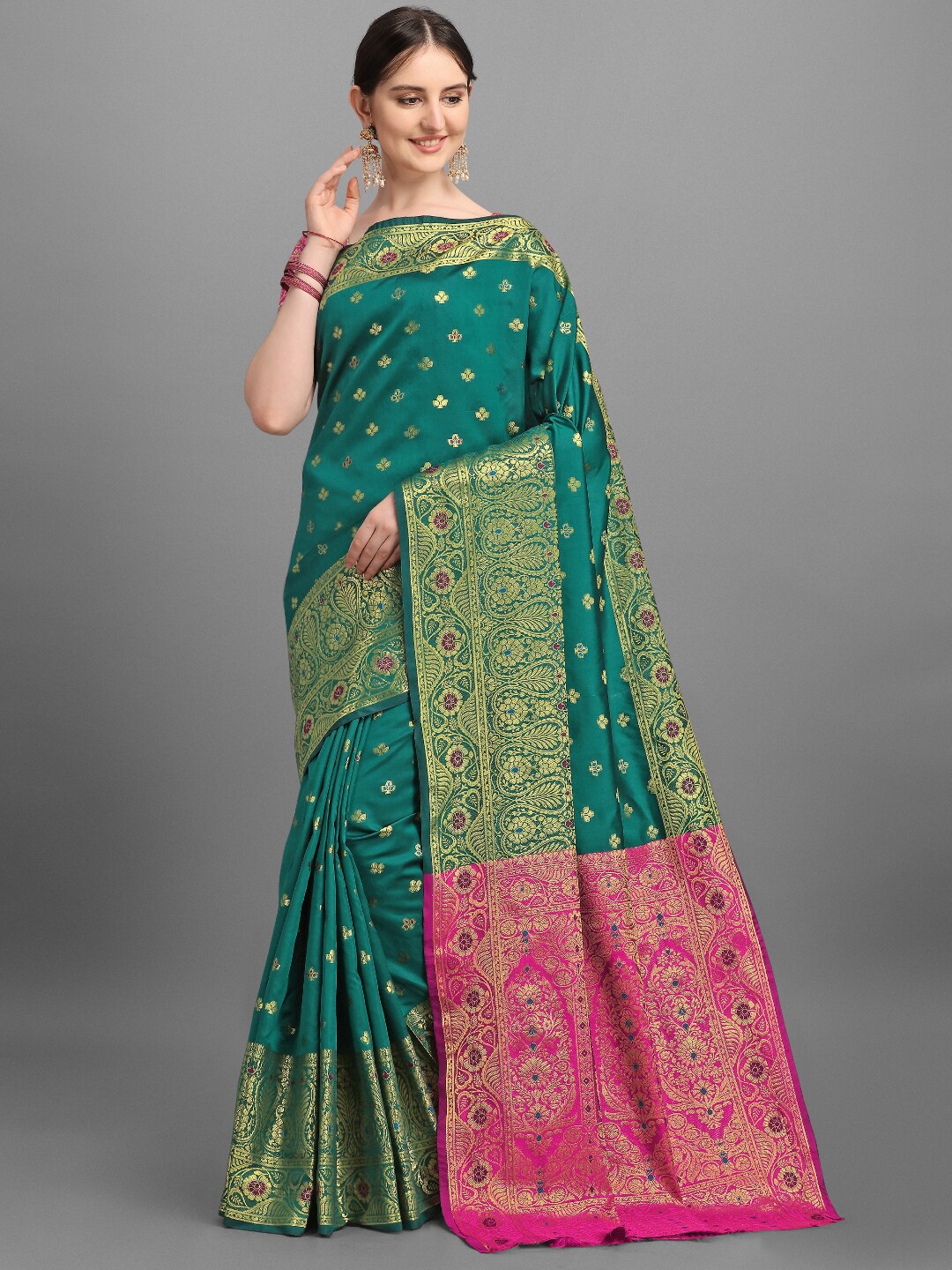 

VSaree Pink & Green Woven Design Zari Silk Blend Banarasi Saree