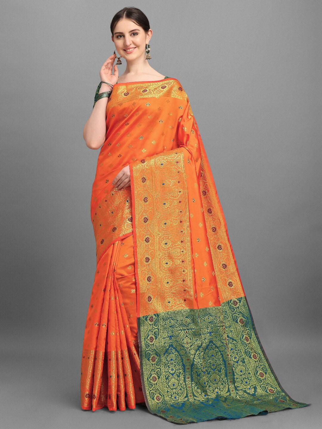 

VSaree Orange & Green Woven Design Zari Silk Blend Banarasi Saree