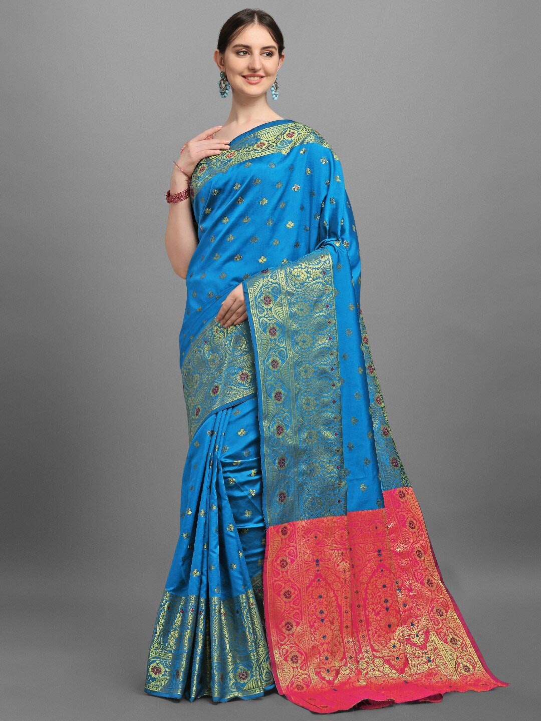 

VSaree Blue & Pink Woven Design Zari Silk Blend Banarasi Saree