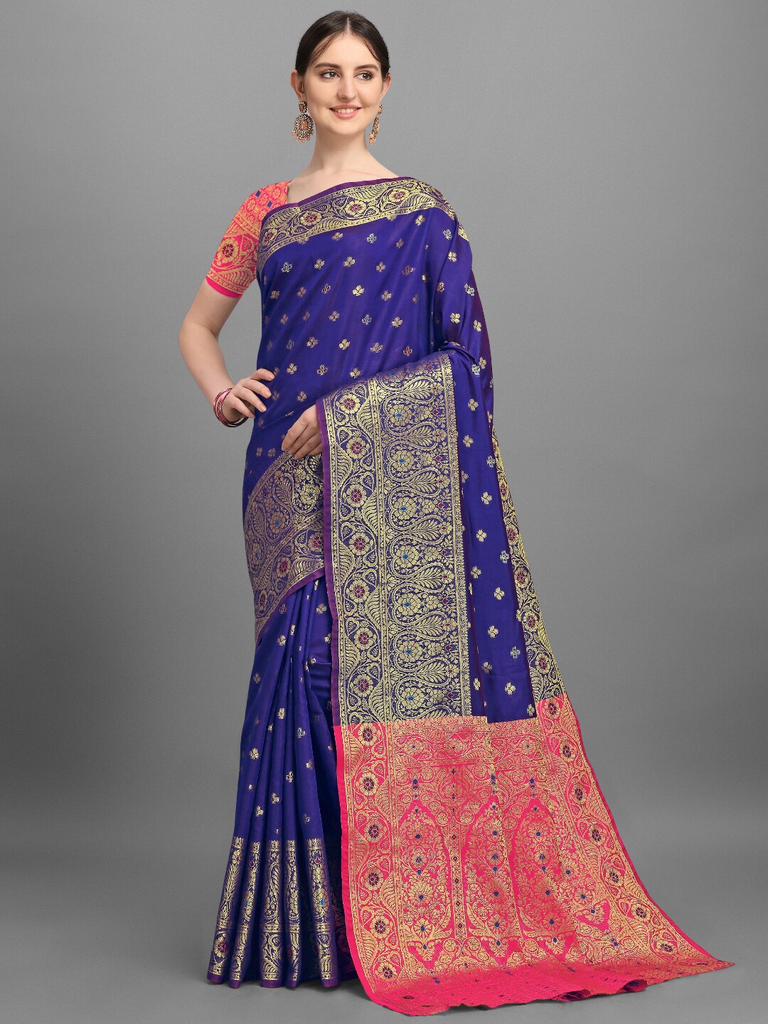 

VSaree Blue & Pink Woven Design Zari Silk Blend Banarasi Saree