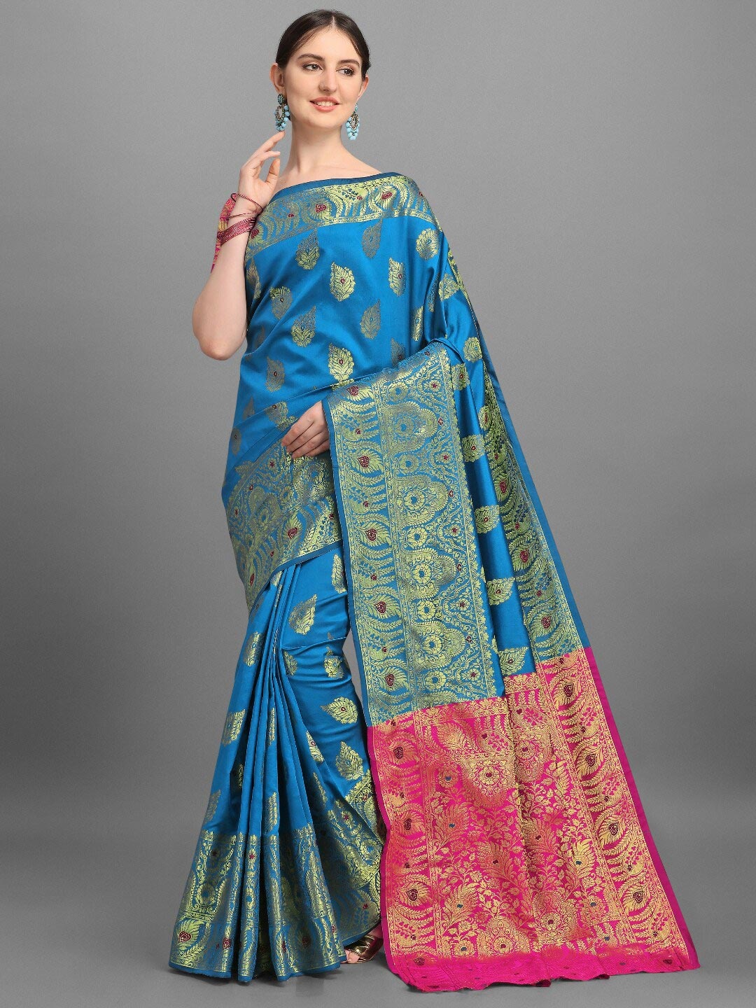 

VSaree Blue & Pink Woven Design Zari Silk Blend Banarasi Saree