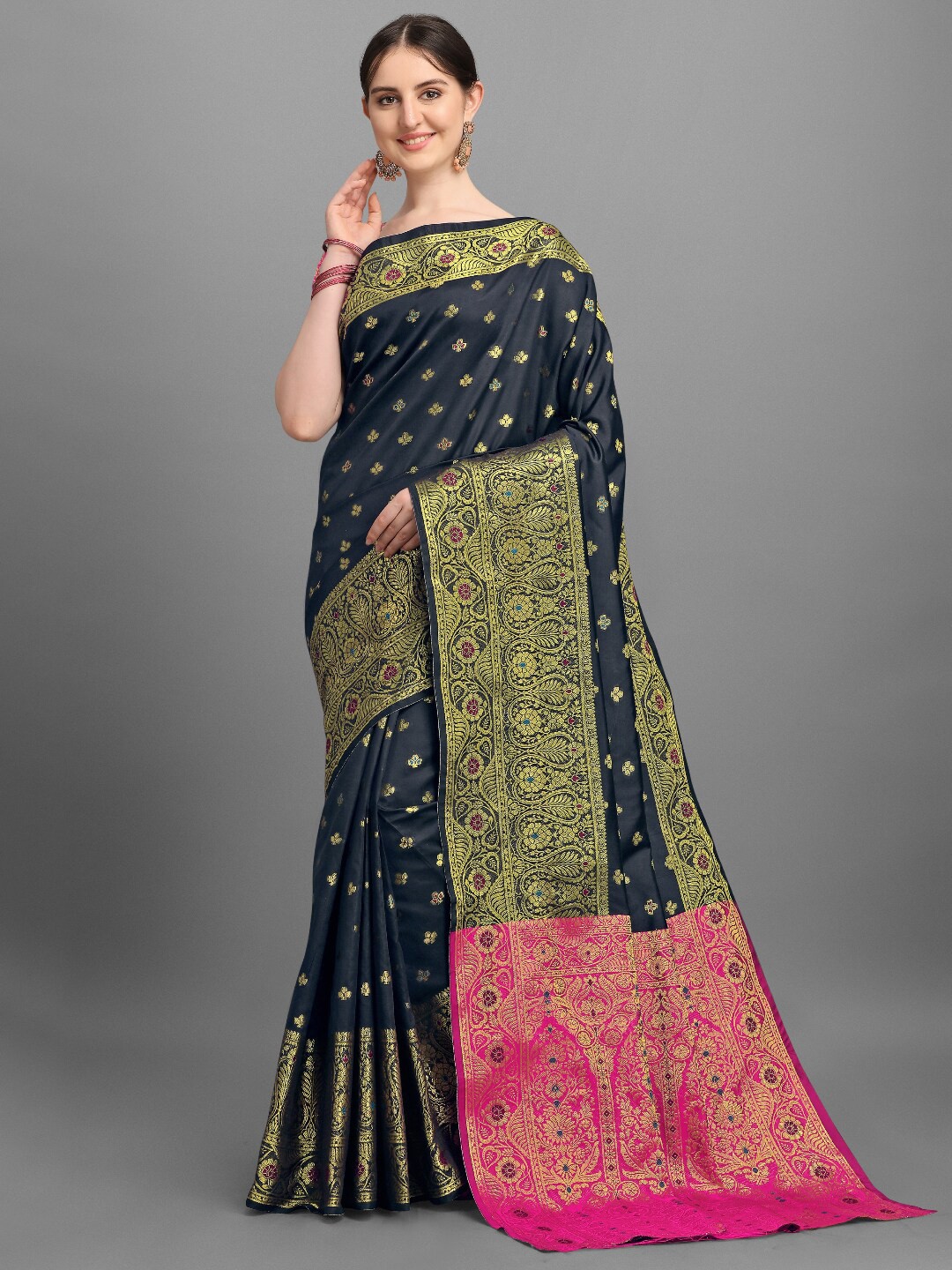 

VSaree Black & Pink Woven Design Zari Silk Blend Banarasi Saree