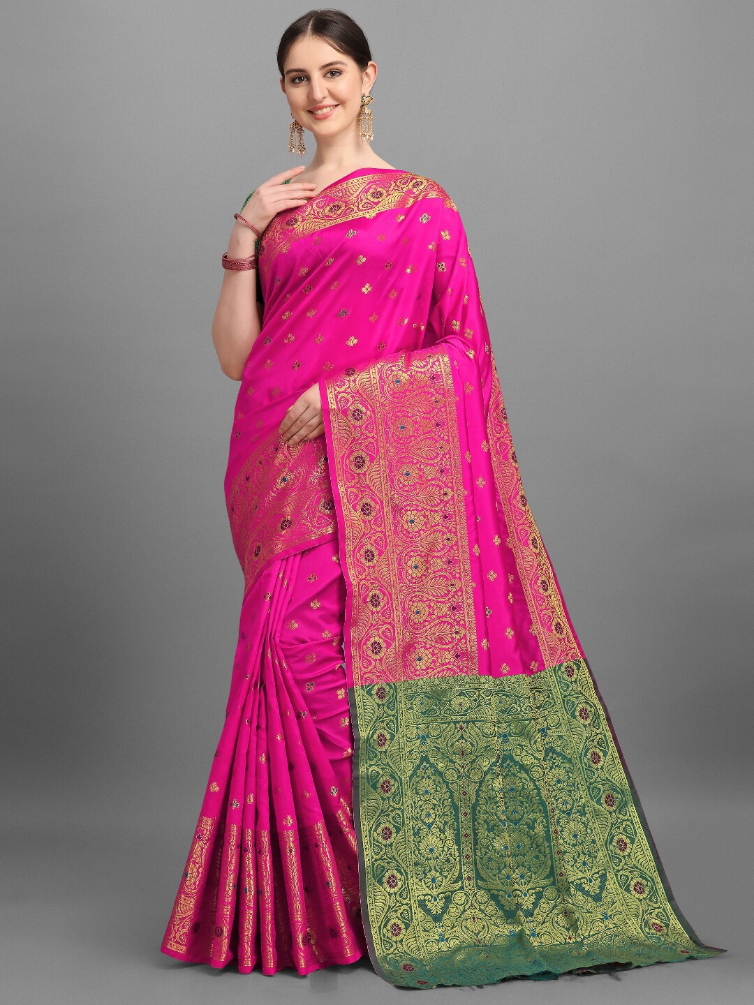 

VSaree Pink & Green Woven Design Zari Silk Blend Banarasi Saree