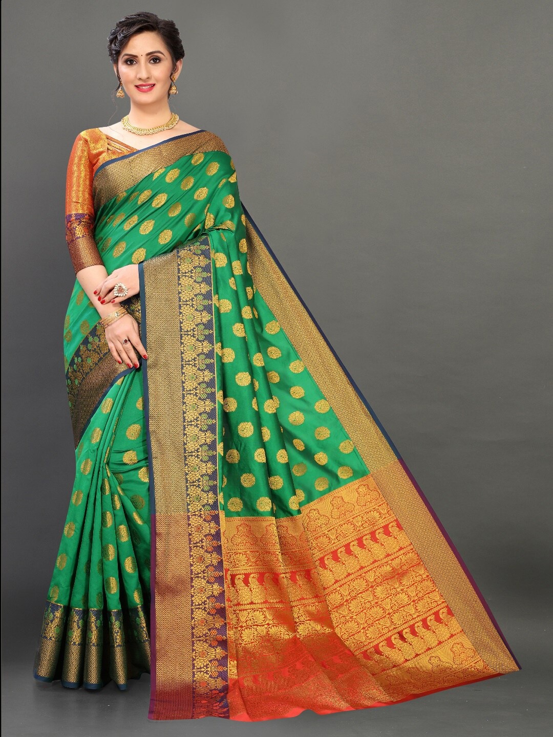 

VSaree Green & Orange Woven Design Zari Silk Blend Banarasi Saree