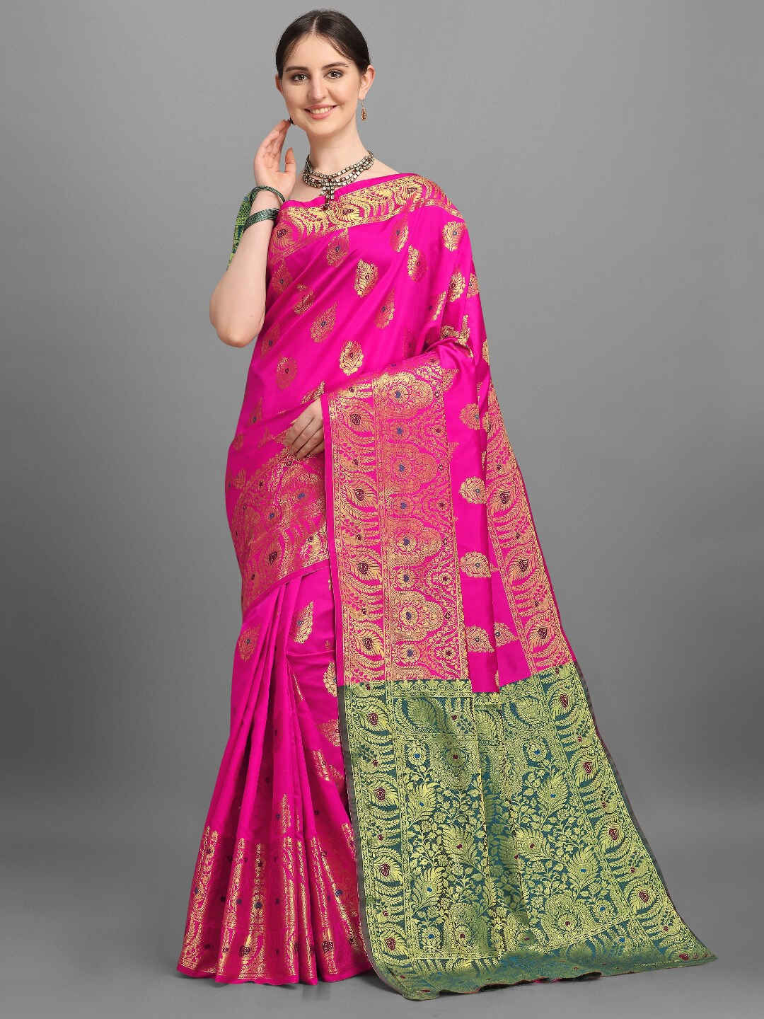 

VSaree Pink & Green Woven Design Zari Silk Blend Banarasi Saree