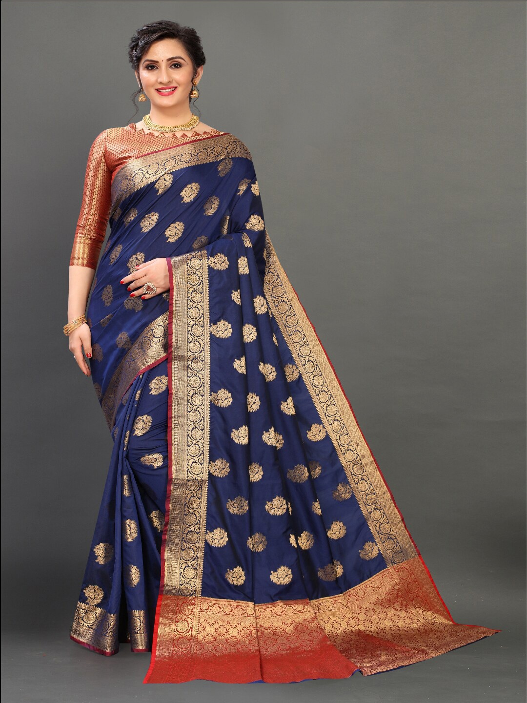 

VSaree Navy Blue & Red Woven Design Zari Silk Blend Banarasi Saree
