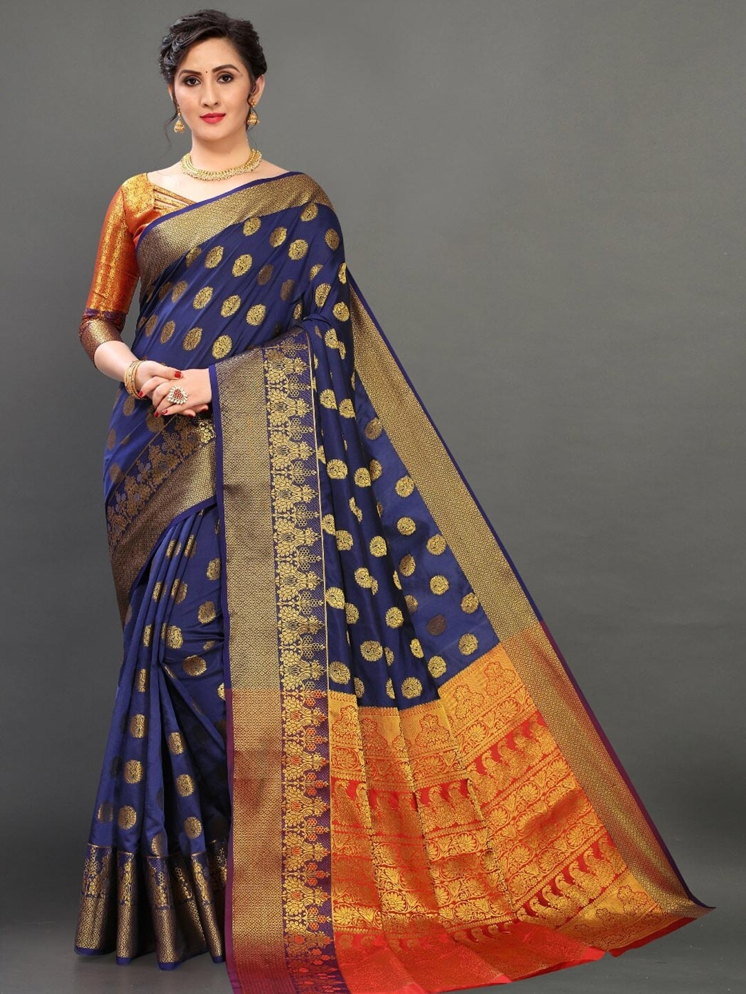 

VSaree Blue & Red Woven Design Zari Silk Blend Banarasi Saree