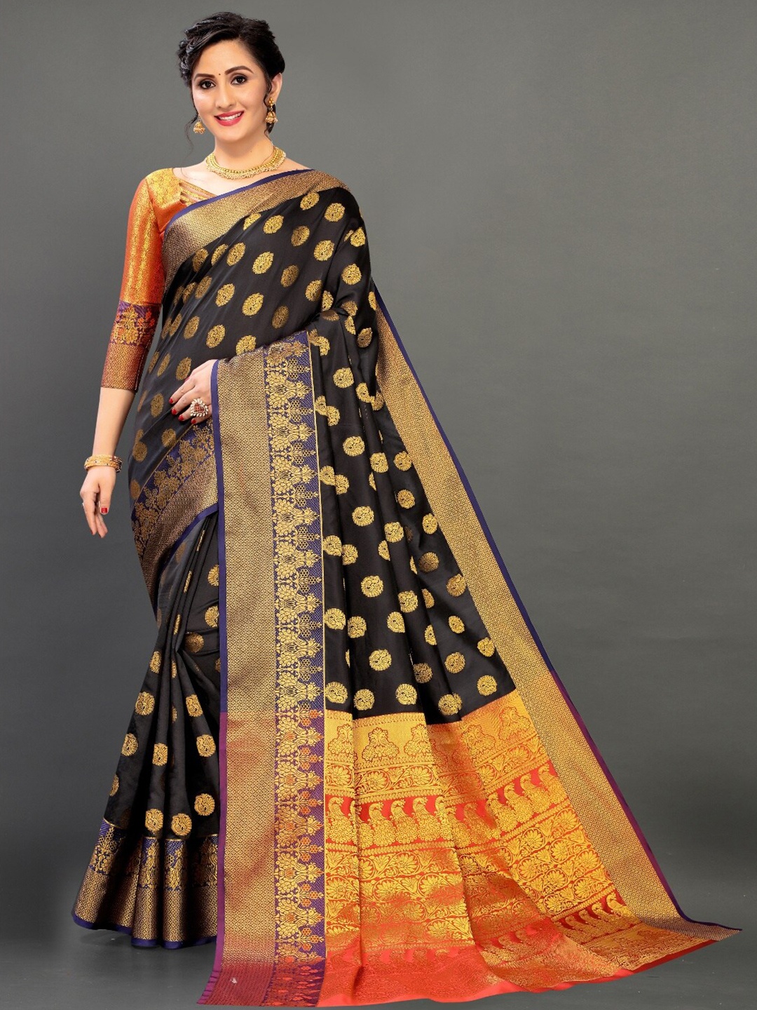 

VSaree Black & Orange Woven Design Zari Silk Blend Banarasi Saree