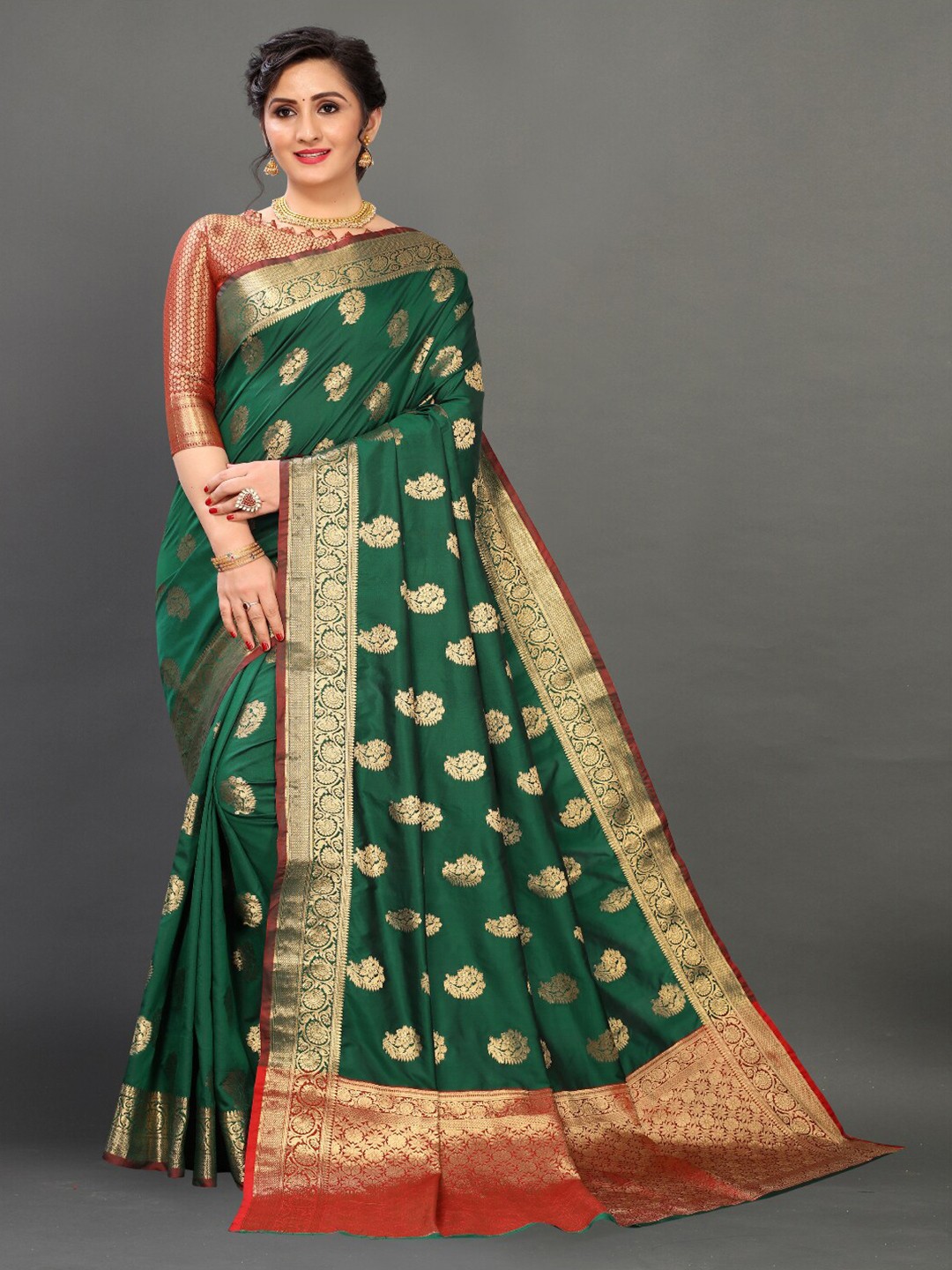 

VSaree Women Green & Orange Woven Design Zari Silk Blend Banarasi Saree