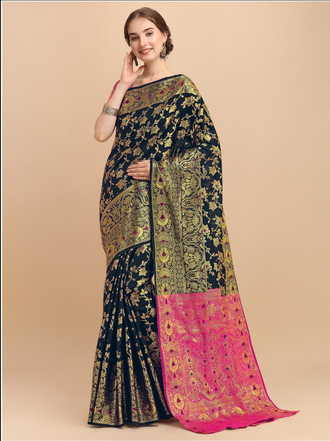 

VSaree Black & Pink Woven Design Zari Silk Blend Banarasi Saree