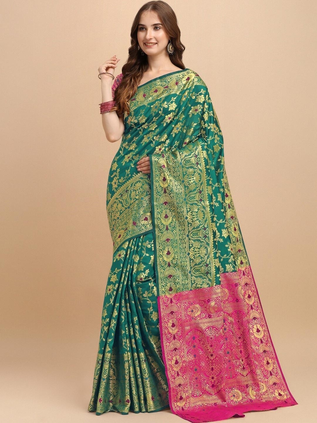 

VSaree Green & Pink Woven Design Zari Silk Blend Banarasi Saree