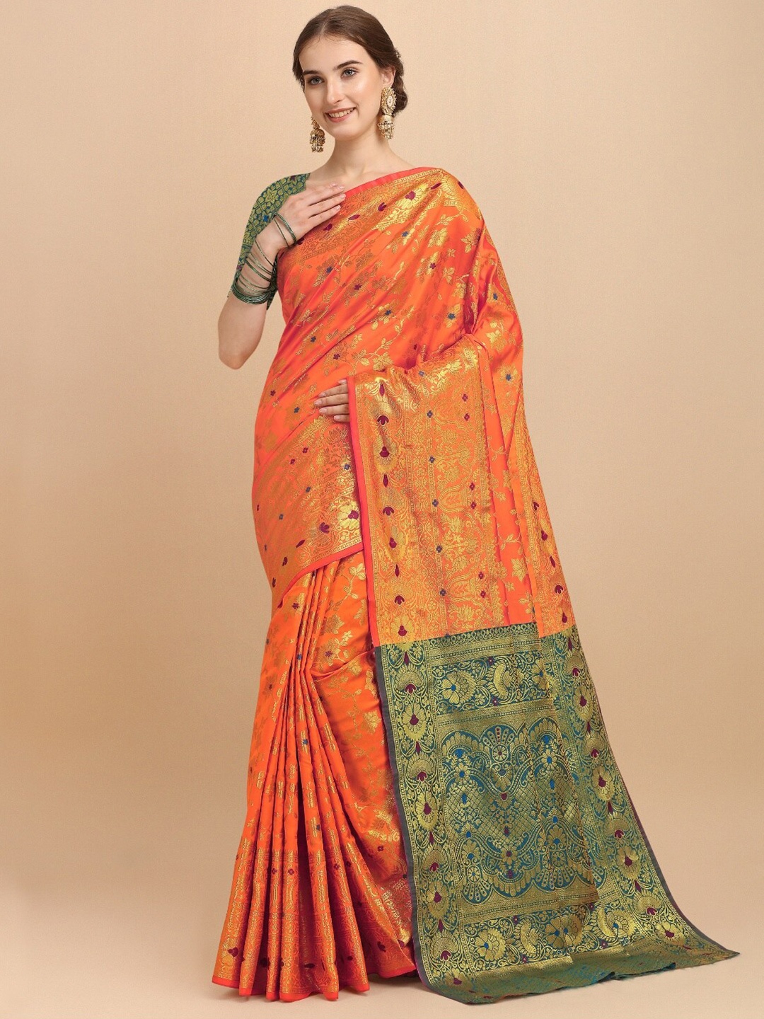 

VSaree Orange & Green Woven Design Zari Silk Blend Banarasi Saree