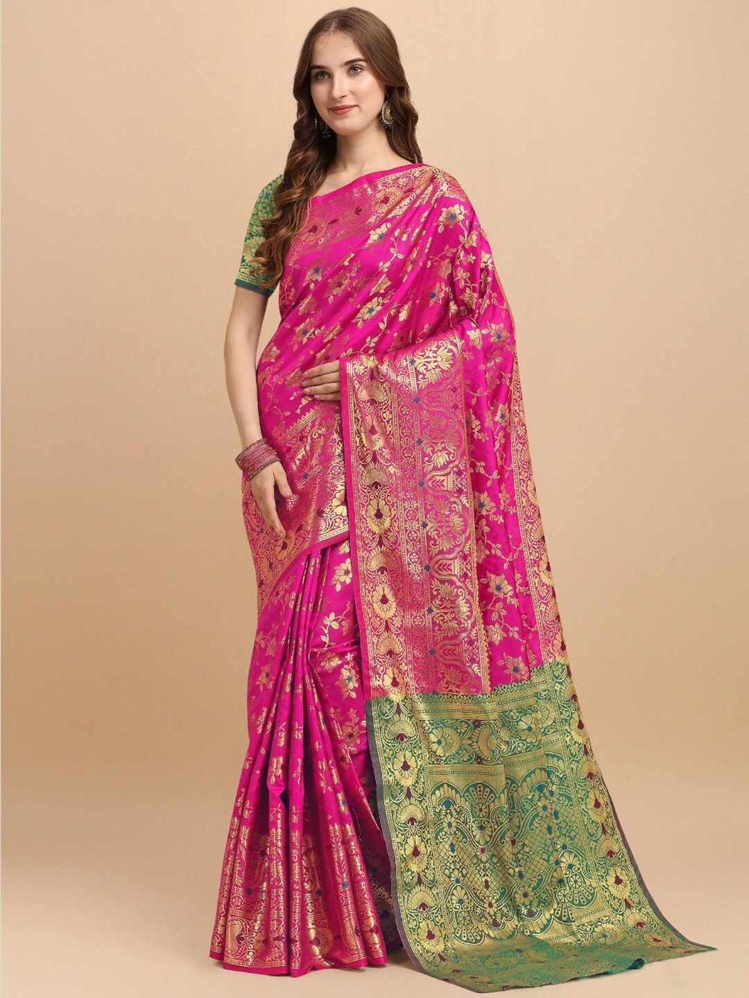 

VSaree Pink & Green Woven Design Zari Silk Blend Banarasi Saree