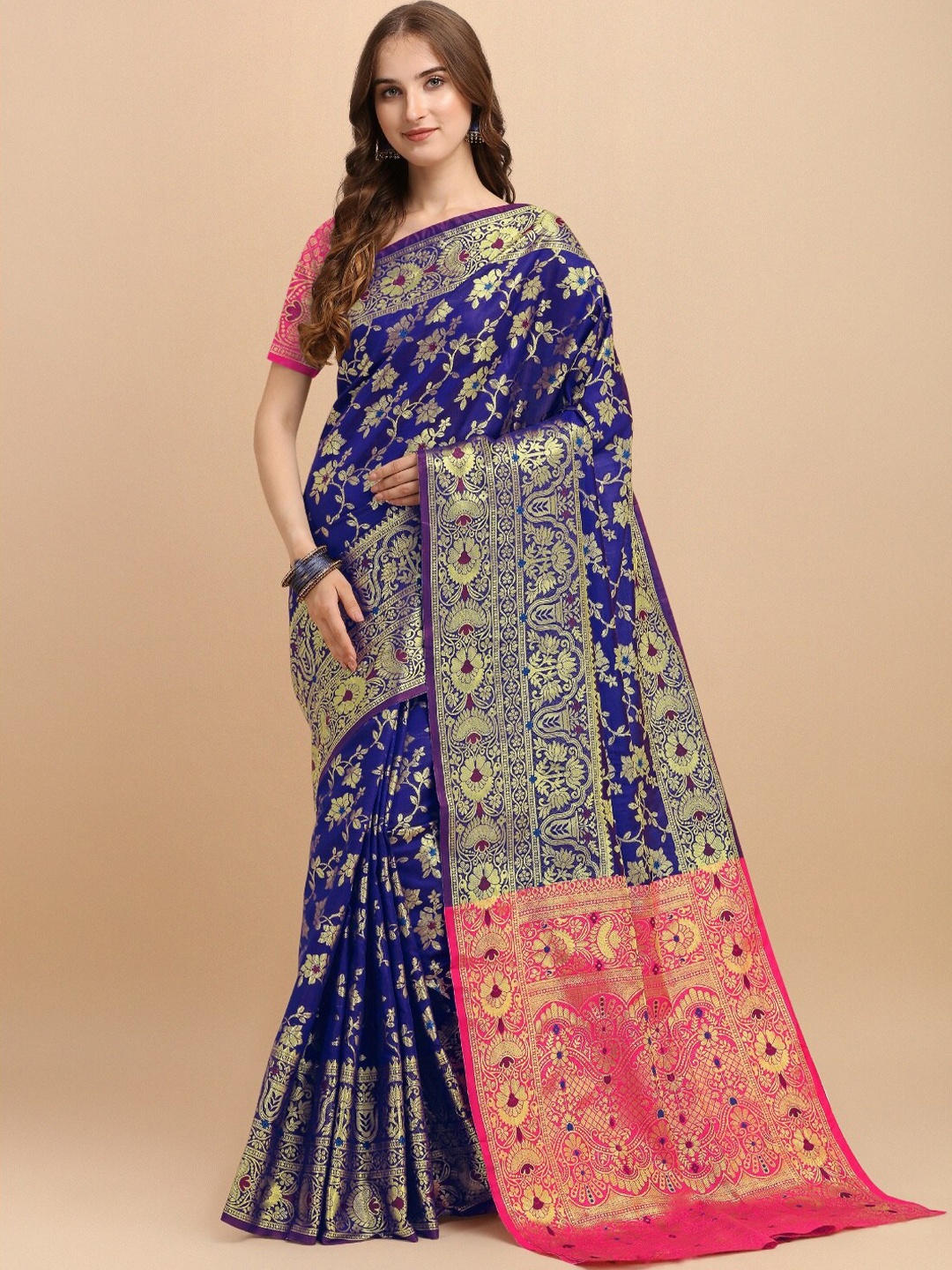 

VSaree Blue & Pink Woven Design Zari Silk Blend Banarasi Saree
