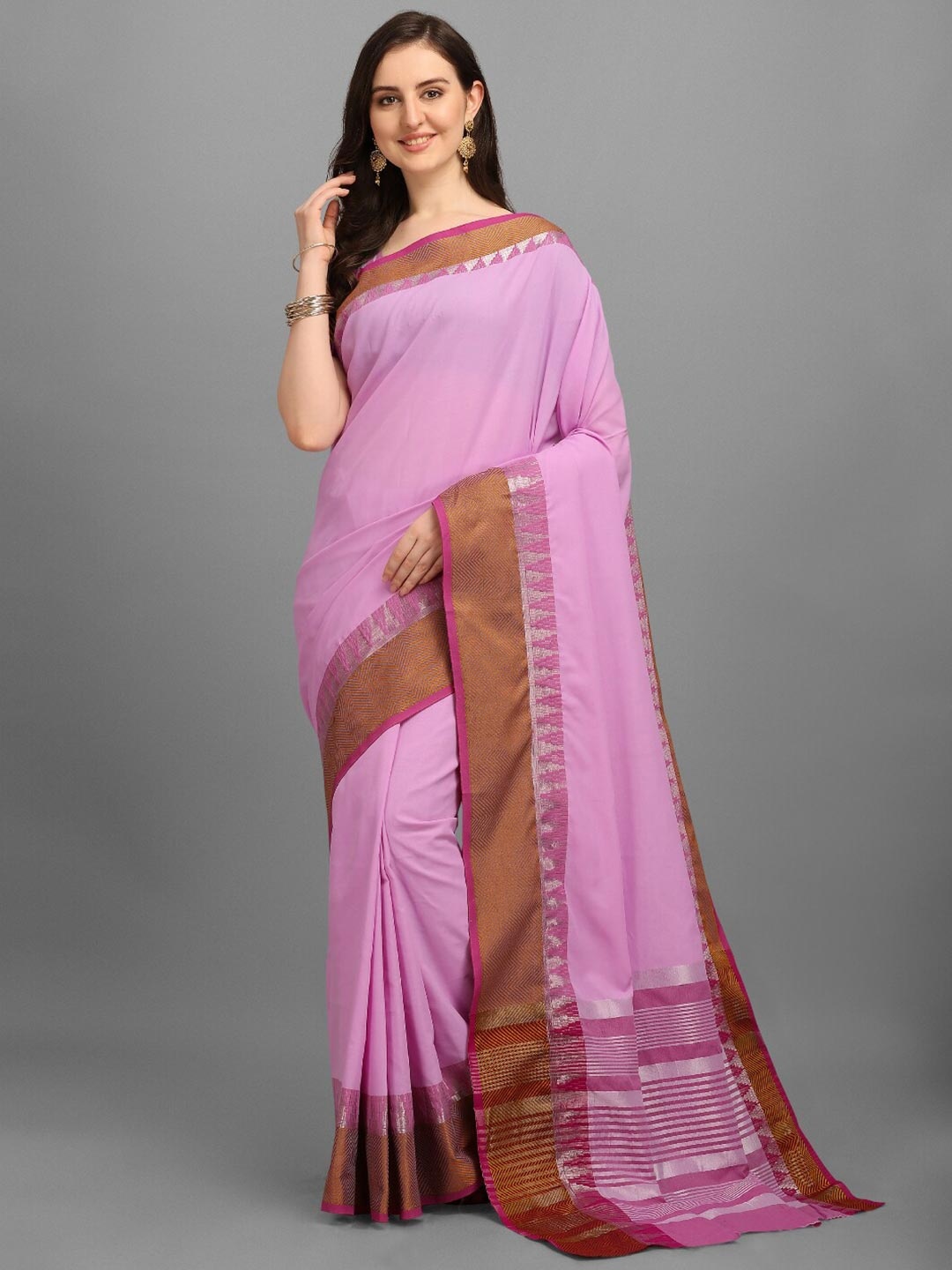 

VSaree Pink & Silver-Toned Woven Design Zari Chanderi Saree