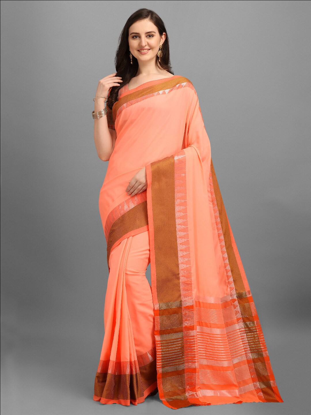 

VSaree Orange & Silver-Toned Woven Design Zari Chanderi Saree