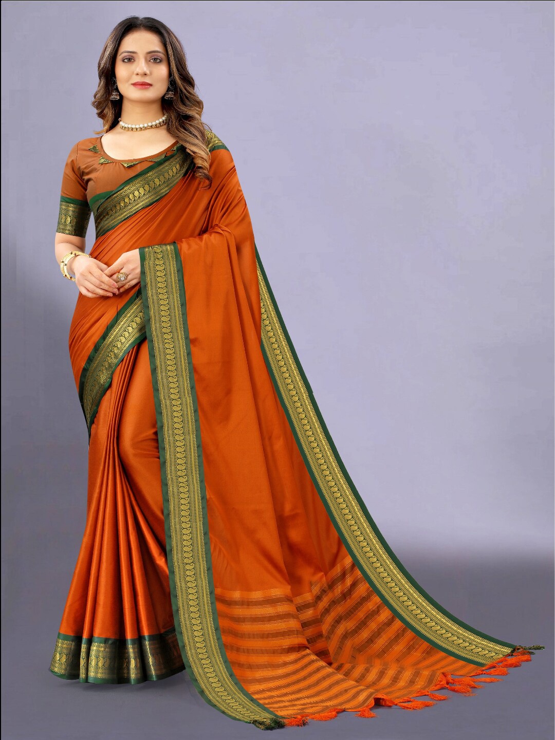 

VSaree Orange & Green Woven Design Zari Jamdani Saree