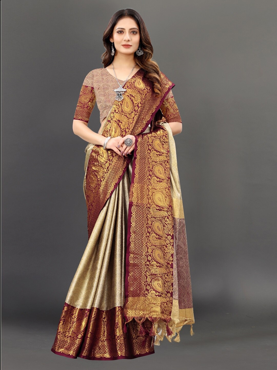 

VSaree Cream-Coloured & Purple Woven Design Zari Silk Blend Banarasi Saree