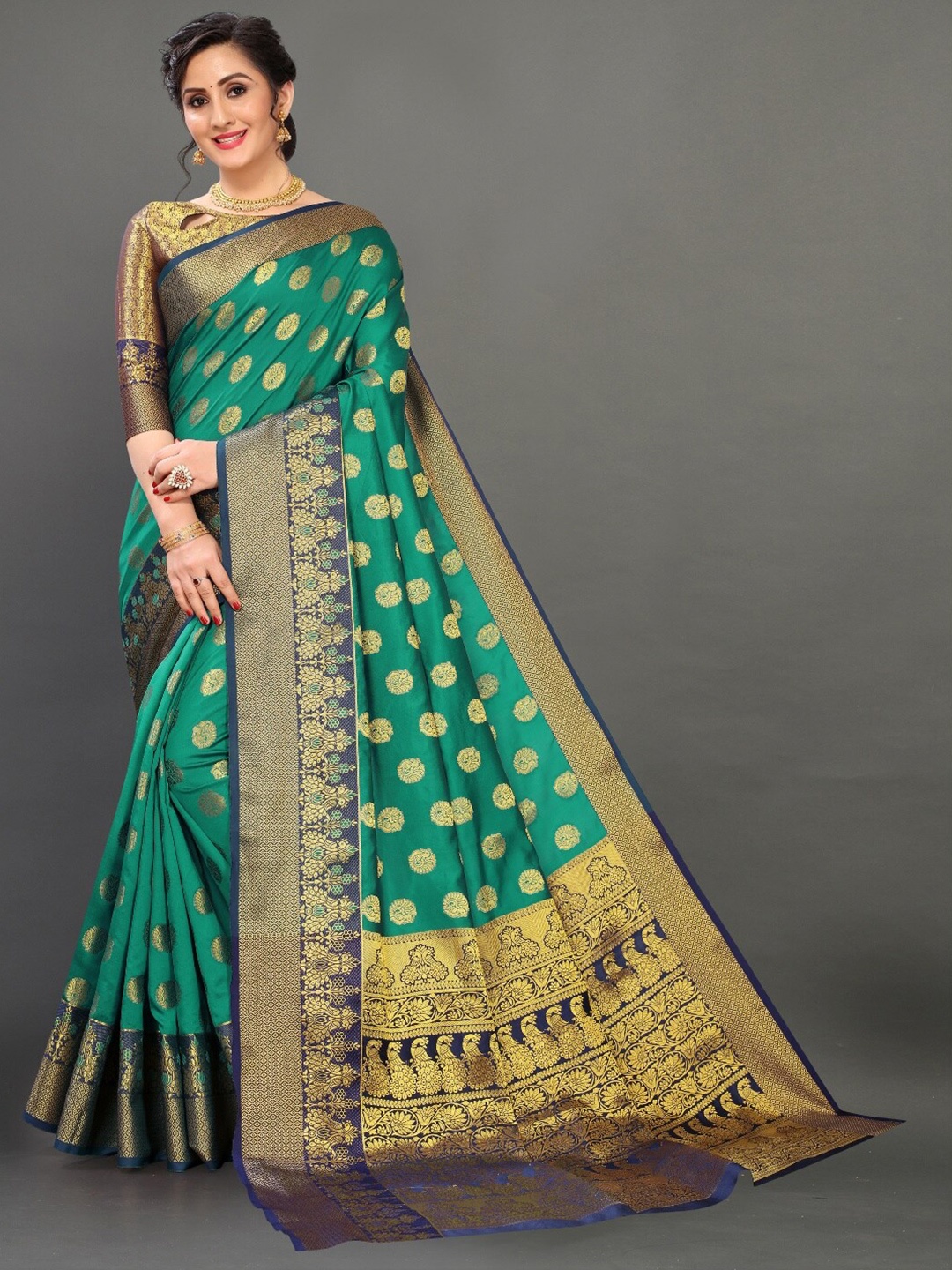 

VSaree Green & Gold-Toned Woven Design Zari Silk Blend Banarasi Saree