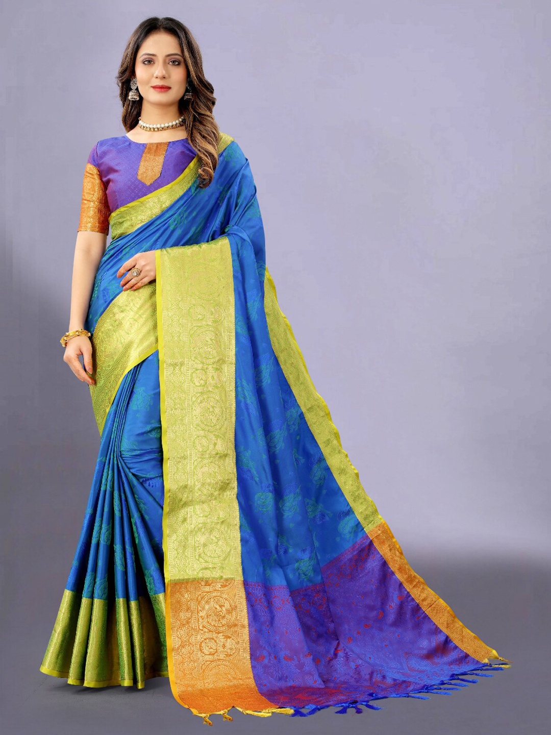 

VSaree Blue & Orange Woven Design Zari Silk Blend Banarasi Saree