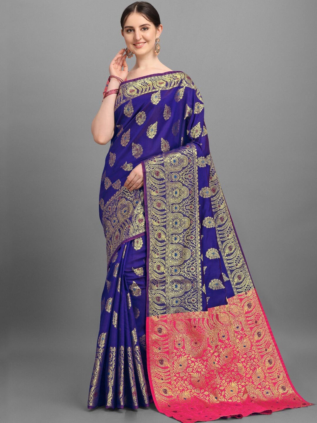

VSaree Blue & Pink Woven Design Zari Silk Blend Banarasi Saree