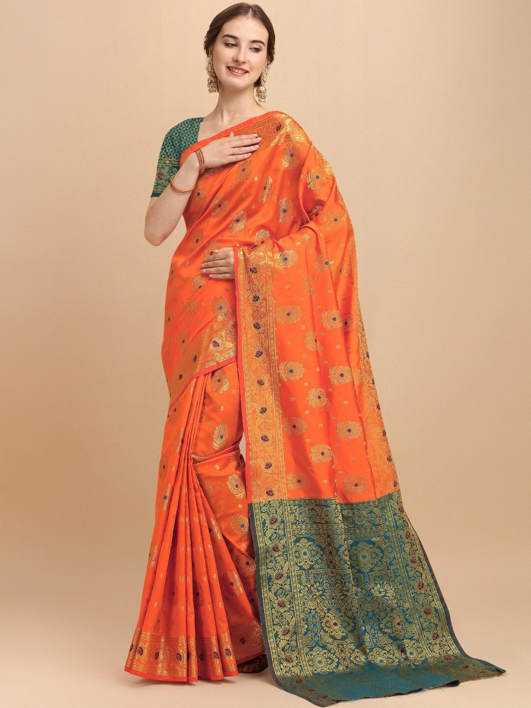 

VSaree Orange & Green Woven Design Zari Silk Blend Banarasi Saree