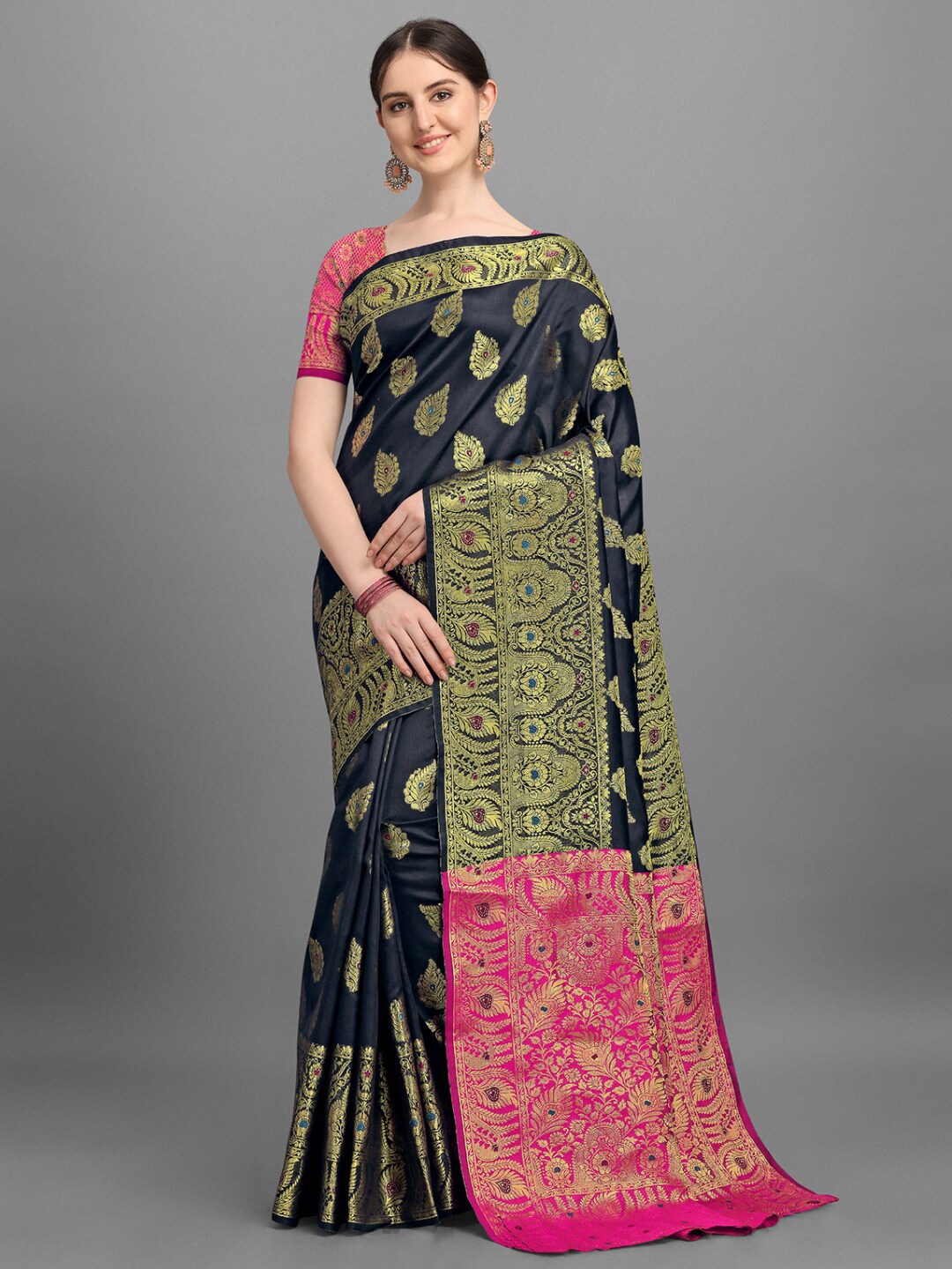 

VSaree Black & Pink Woven Design Zari Silk Blend Banarasi Saree