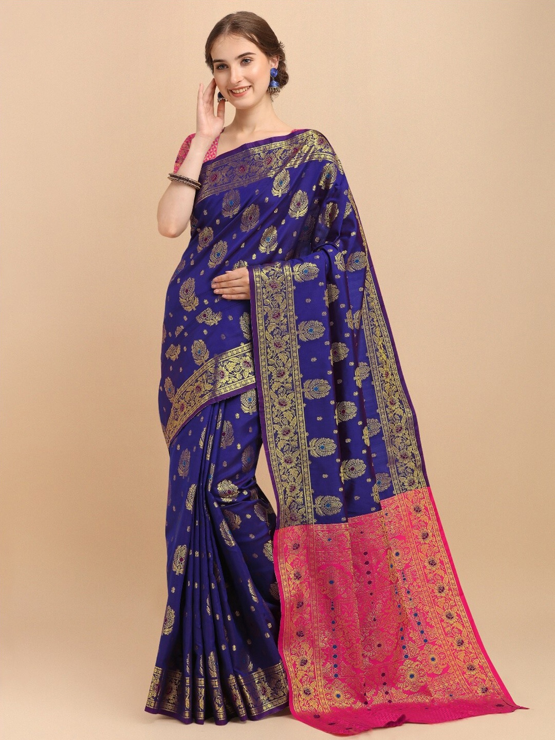 

VSaree Blue & Pink Woven Design Zari Silk Blend Banarasi Saree