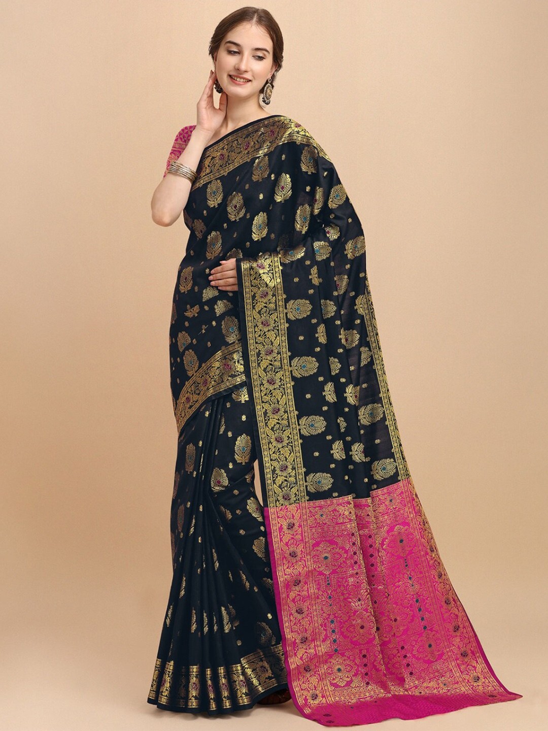 

VSaree Pink & Black Woven Design Zari Silk Blend Banarasi Saree