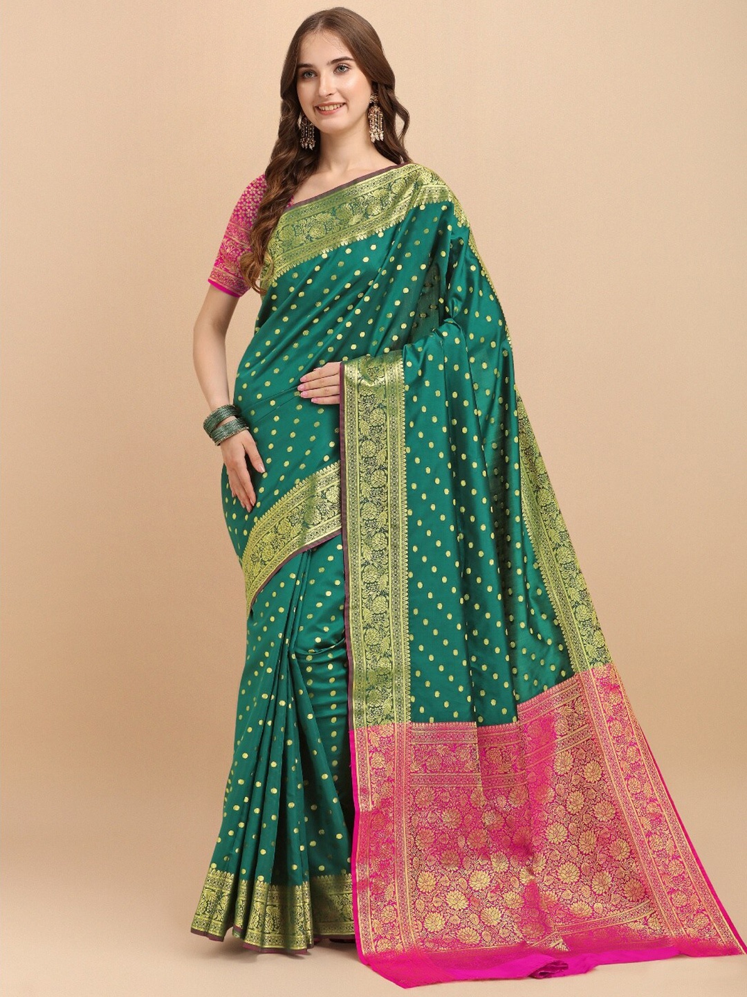 

VSaree Women Green & Pink Woven Design Zari Silk Blend Banarasi Saree