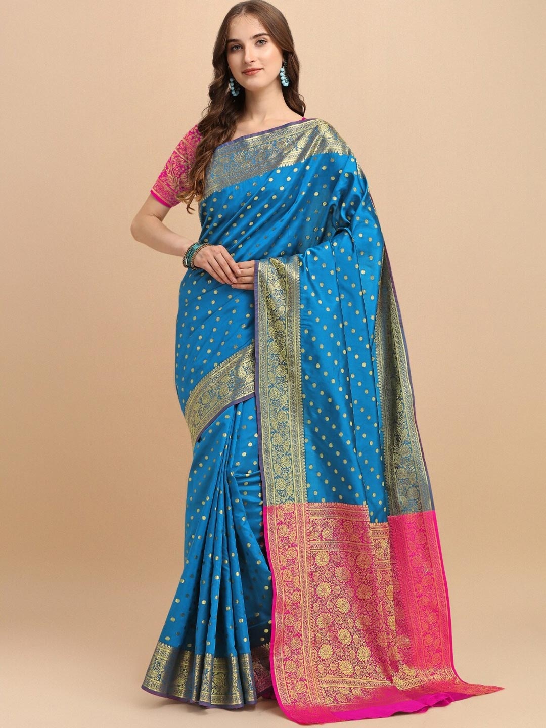 

VSaree Pink & Blue Woven Design Zari Silk Blend Banarasi Saree