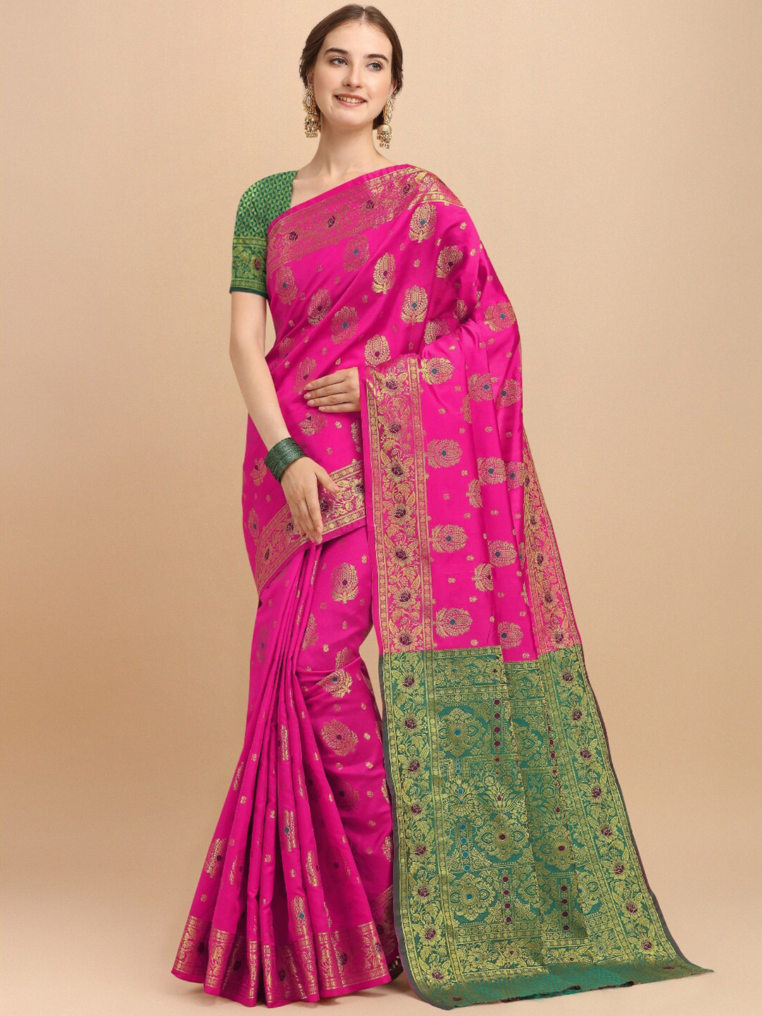 

VSaree Pink & Green Woven Design Zari Silk Blend Banarasi Saree