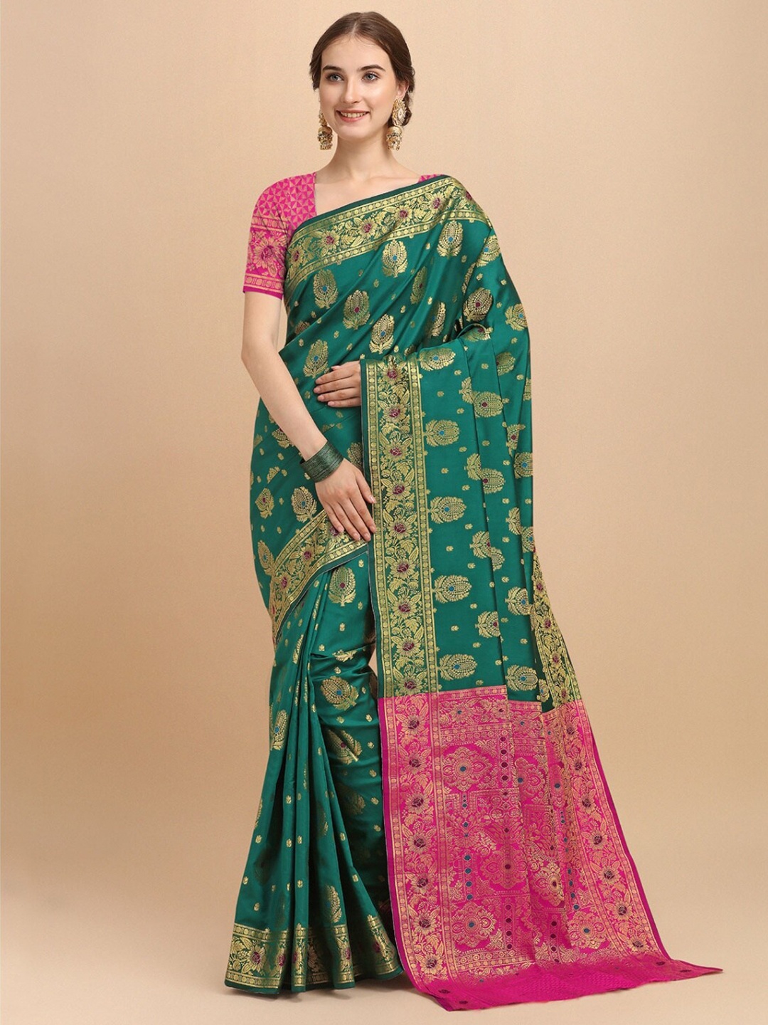 

VSaree Green & Pink Floral Zari Silk Blend Banarasi Saree