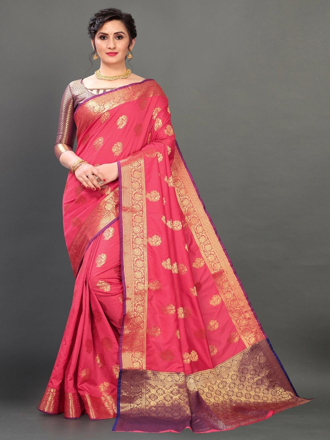 

VSaree Gold-Toned & Purple Woven Design Zari Silk Blend Banarasi Saree