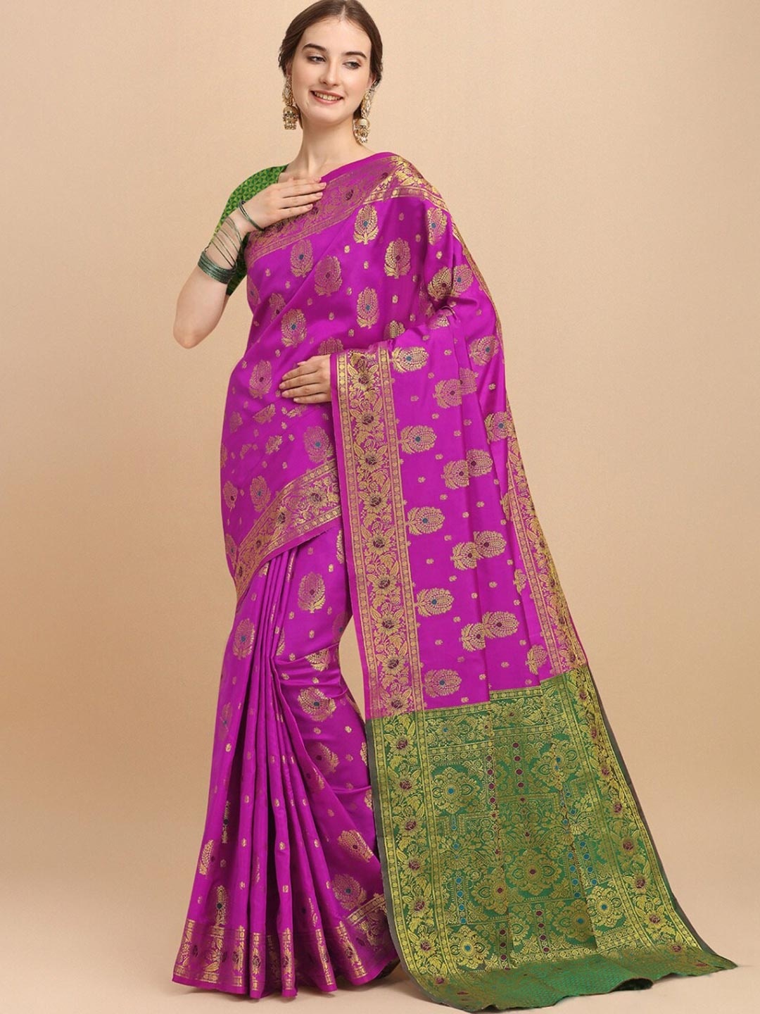 

VSaree Purple & Green Woven Design Zari Silk Blend Banarasi Saree