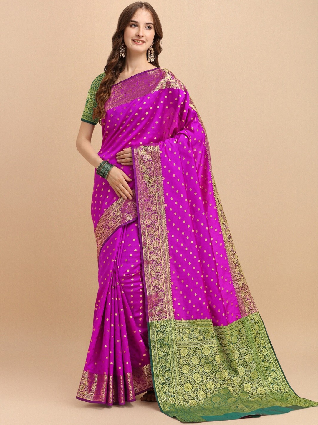 

VSaree Pink & Green Woven Design Zari Silk Blend Banarasi Saree