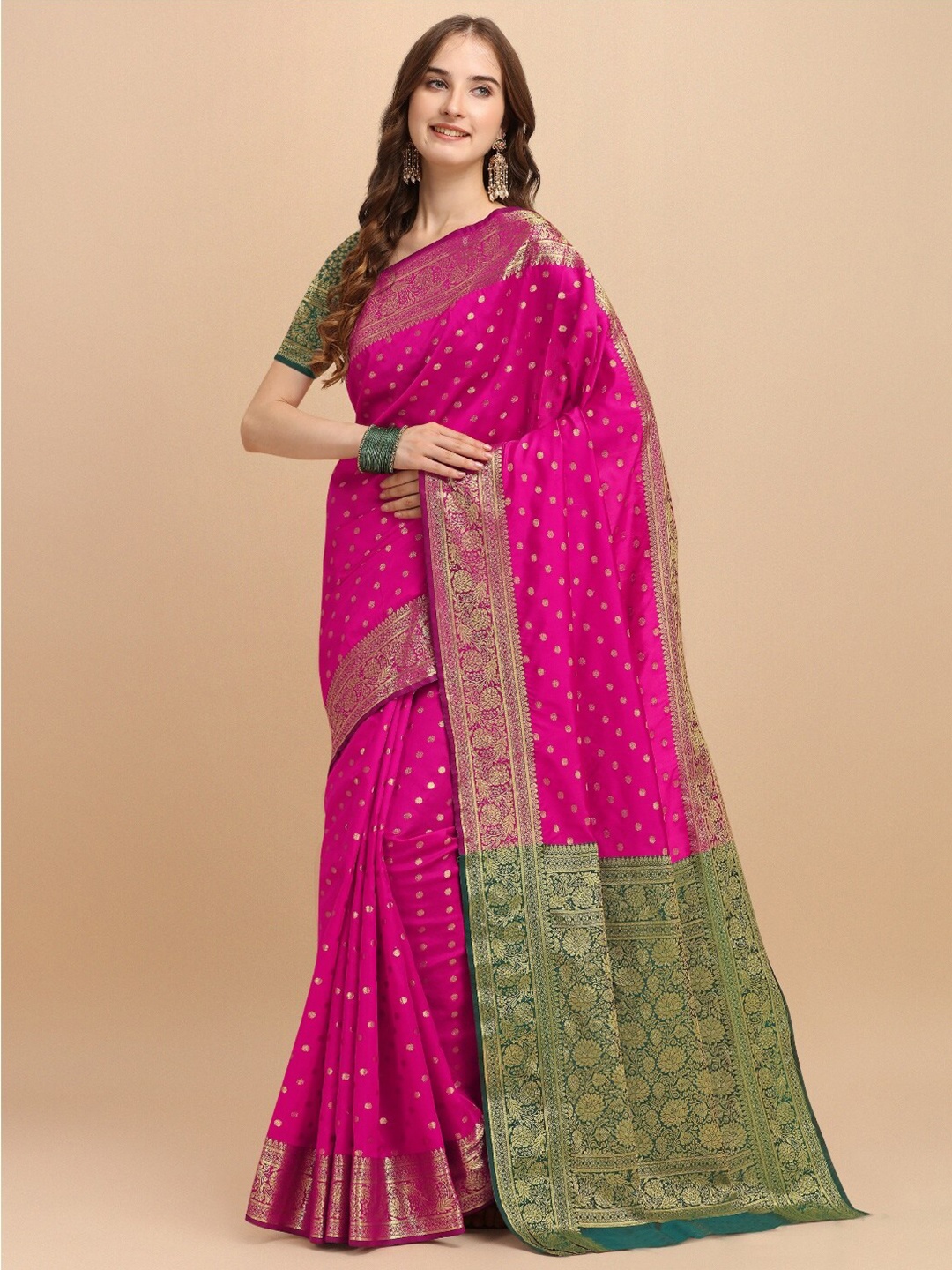 

VSaree Pink & Green Woven Design Zari Silk Blend Banarasi Saree