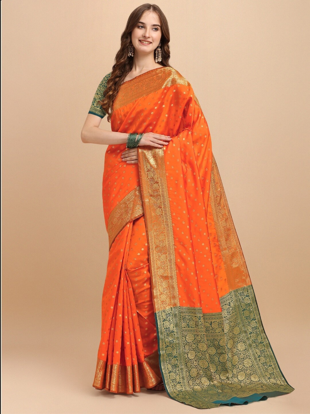

VSaree Orange & Green Woven Design Zari Silk Blend Banarasi Saree