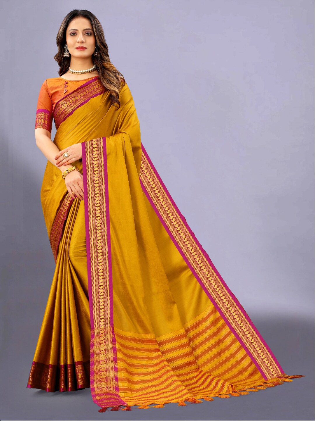 

VSaree Mustard & Pink Woven Design Zari Jamdani Saree