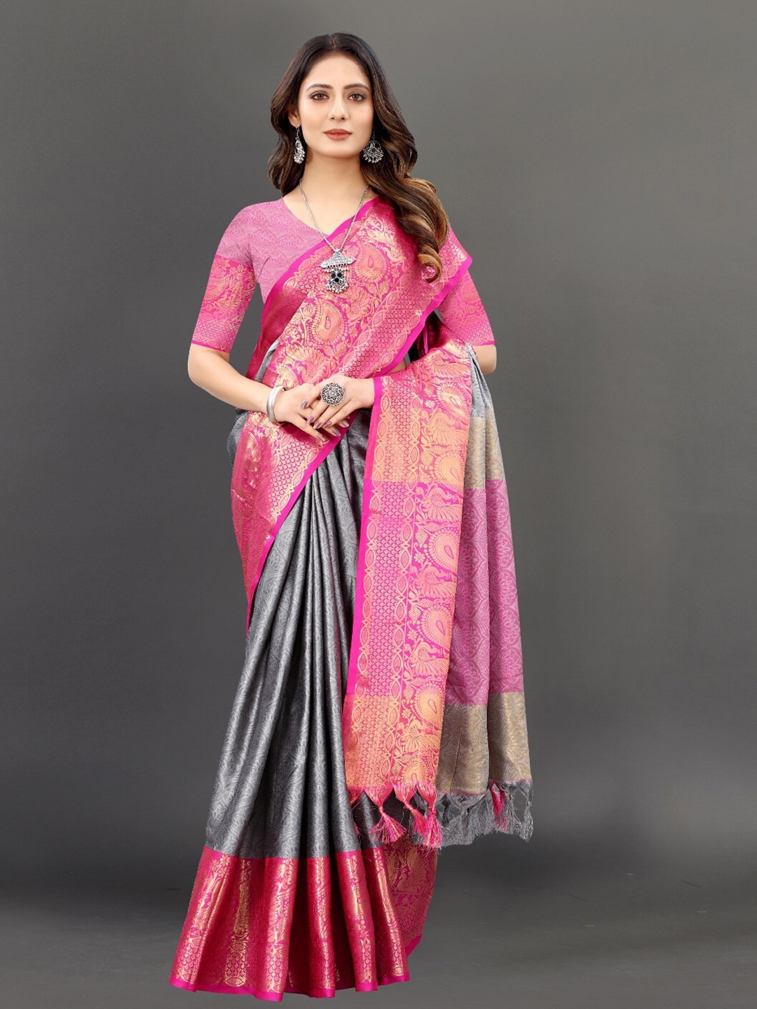 

VSaree Grey & Pink Woven Design Zari Silk Blend Banarasi Saree