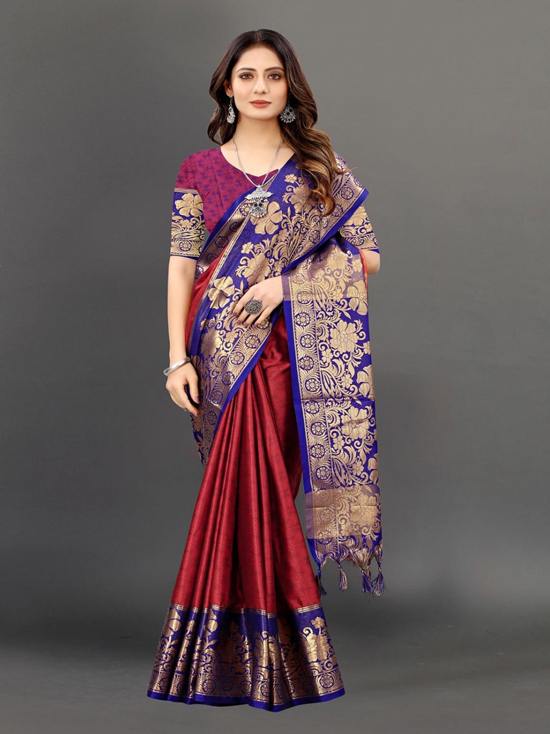

VSaree Red & Blue Woven Design Zari Banarasi Saree