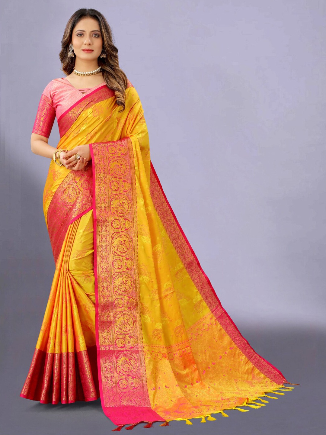 

VSaree Yellow & Pink Woven Design Zari Silk Blend Banarasi Saree