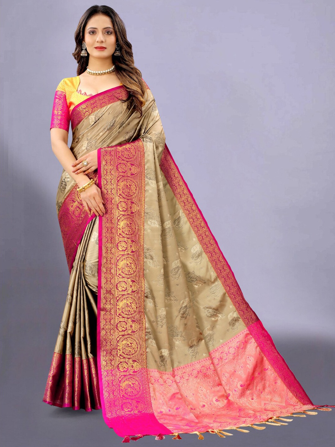 

VSaree Pink & Yellow Woven Design Zari Silk Blend Banarasi Saree