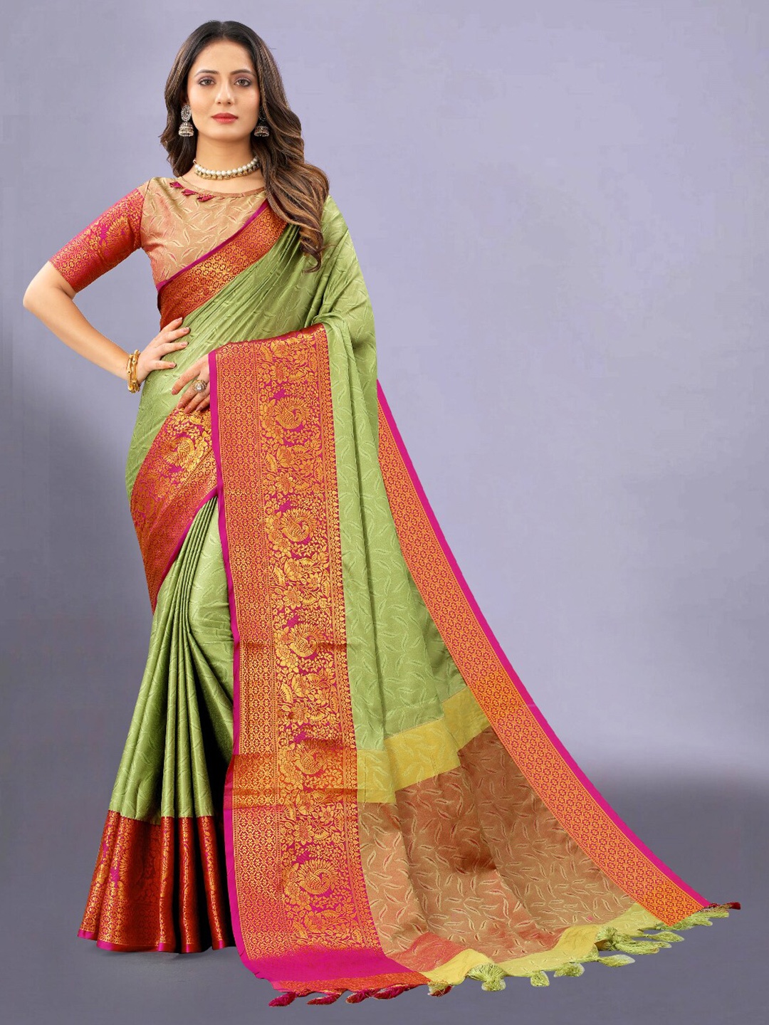 

VSaree Pink & Green Woven Design Zari Banarasi Saree