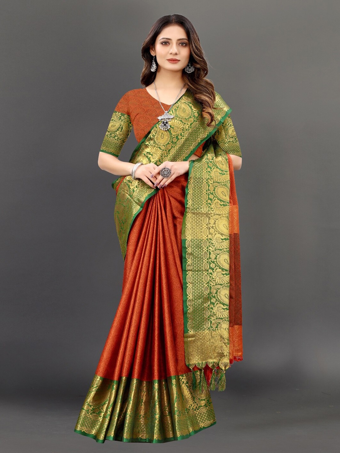

VSaree Green & Orange Woven Design Zari Silk Blend Banarasi Saree