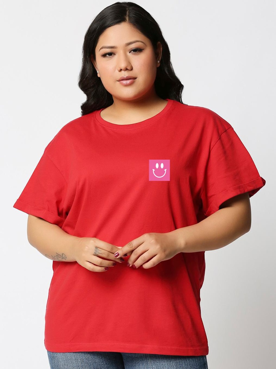 

Bewakoof Women Happiness Typography Back Print Plus Size T-shirt, Red