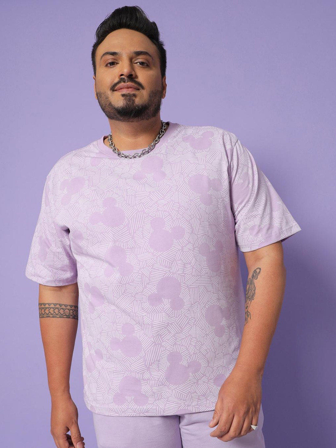 

Bewakoof Plus Size Men Purple Mickey Mouse Printed Pure Cotton T-shirt