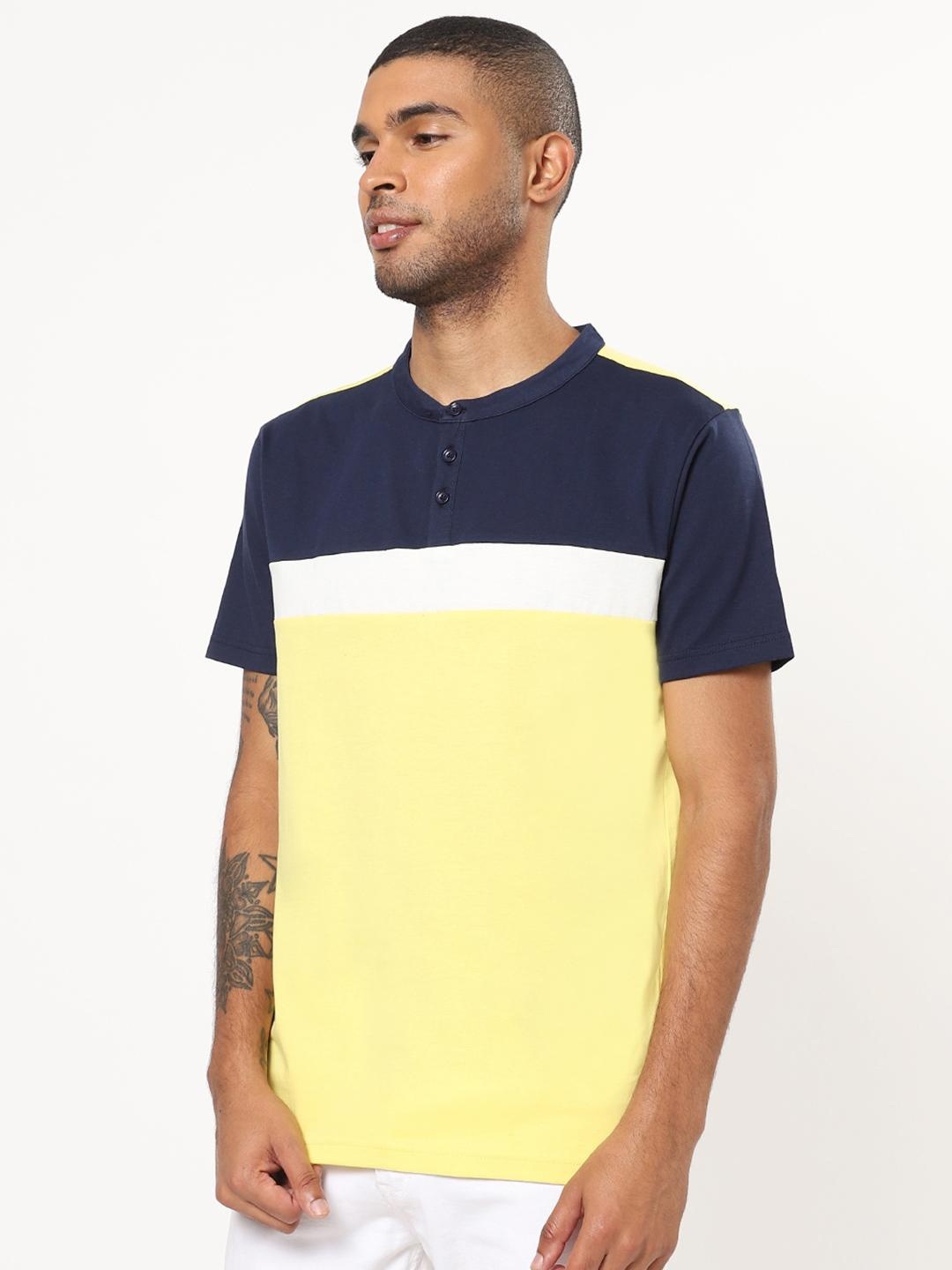 

Bewakoof Men Yellow Colourblocked Henley Neck Pure Cotton T-shirt